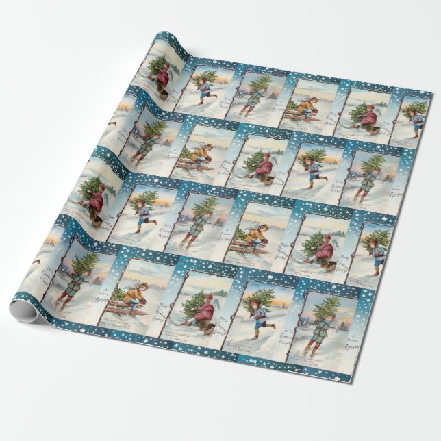 Vintage Ice-Skating Angels Wrapping Paper (Unrolled)
