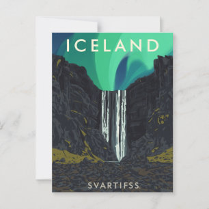 Vintage Iceland Svartifoss Waterfall Aurora Travel Postcard