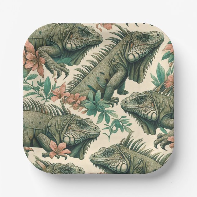 Vintage Iguana Pattern Paper Plate (Front)