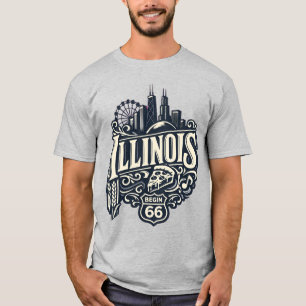 Vintage Illinois State, Chicago Skyline & Route 66 T-Shirt