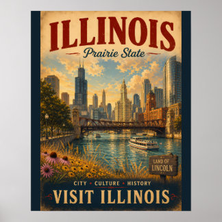 Vintage Illinois Travel Poster with Cityscape, Riv