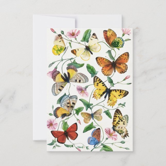 Vintage Illustrated Butterfly Art Flat Note Card (Front)