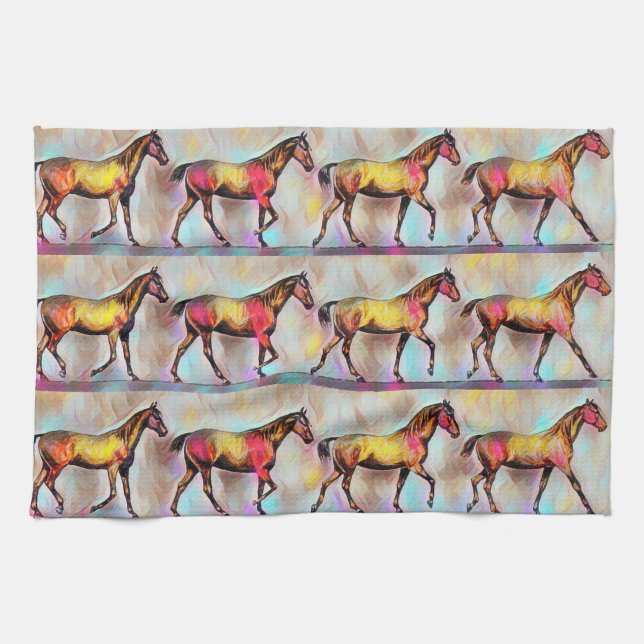 Vintage Illustrated Colourful Horse Kitchen Towel (Horizontal)