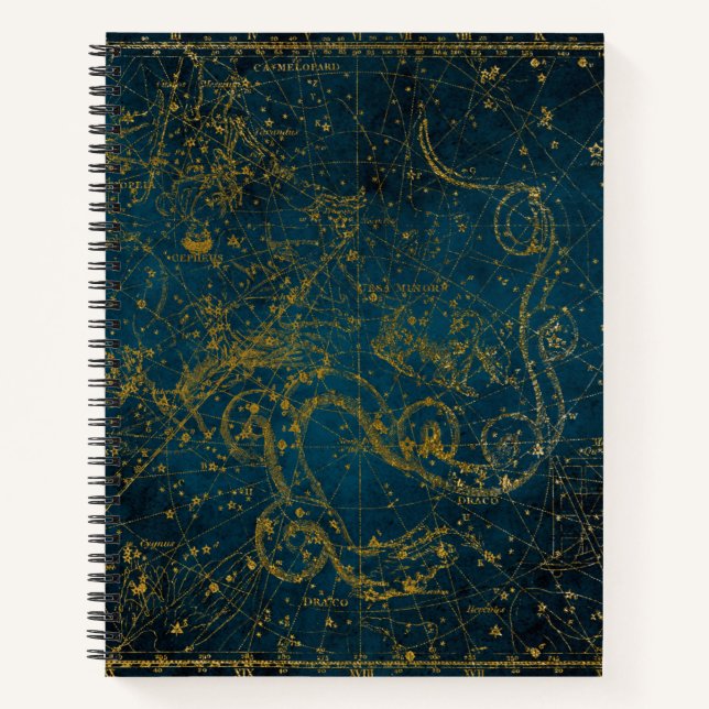 Vintage Illustrated Dark Blue & Gold Star Map Notebook (Front)