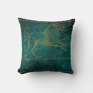 Vintage Illustrated Green & Gold Lion Star Map Cushion