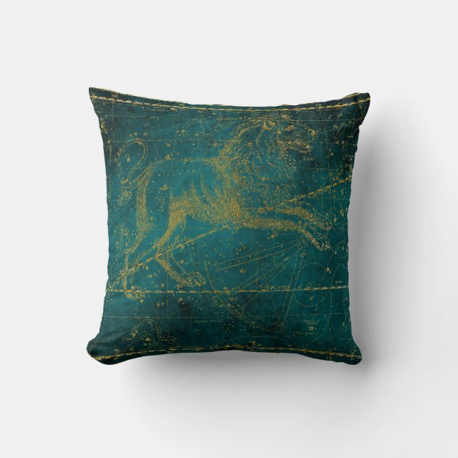 Vintage Illustrated Green & Gold Lion Star Map Cushion (Front)