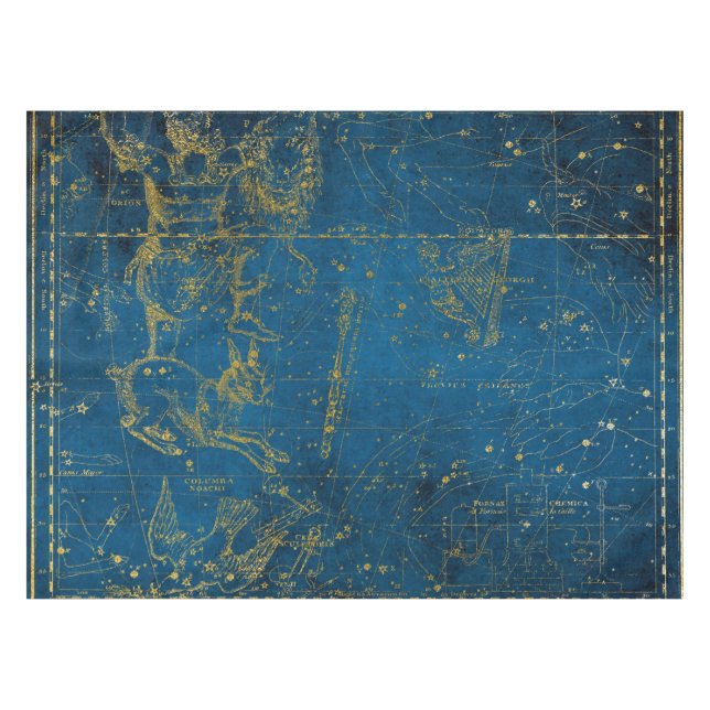 Vintage Illustrated Mid Blue & Gold Star Map Tablecloth (Front (Horizontal))