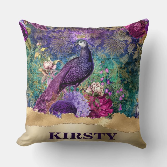 Vintage Illustrated Peacock and Flowers Grunge Cushion (Front)