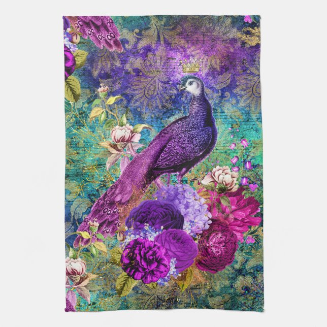 Vintage Illustrated Peacock Grunge Pattern Tea Towel (Vertical)