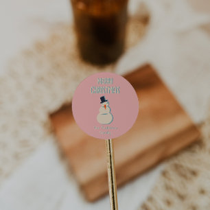 Vintage Illustrated Pink Snowman Merry Christmas  Classic Round Sticker