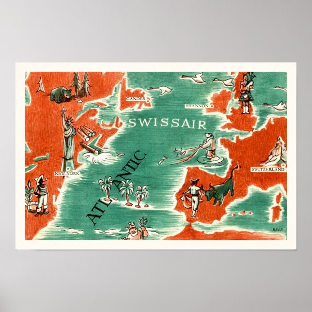 Vintage Illustrated Swissair Map Print (Front)