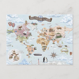 Vintage Illustrated World Map Holiday Postcard