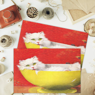 Vintage Illustration Cat In Yellow Bowl Decoupage Tissue Paper