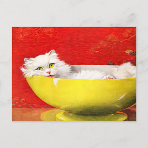 Vintage Illustration Cat In Yellow Bowl Postcard