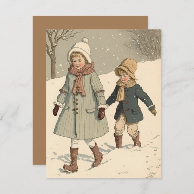 Vintage illustration children Christmas card  (Front/Back)