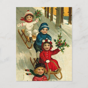 Vintage Illustration Children Sledding in Winter Postcard