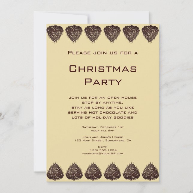 Vintage Illustration Christmas Tree Pattern, Brown Invitation (Front)