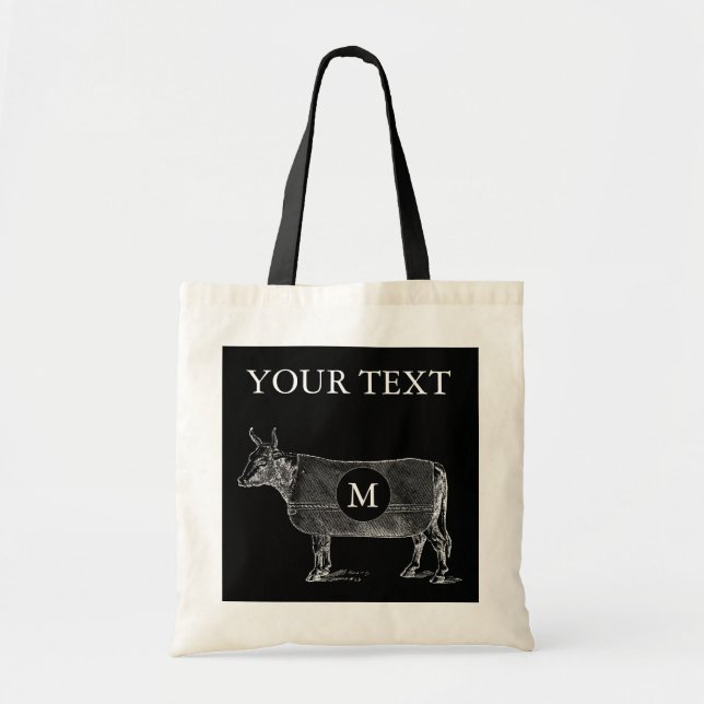 VINTAGE ILLUSTRATION Cow Blanket Monogram Tote Bag (Front)