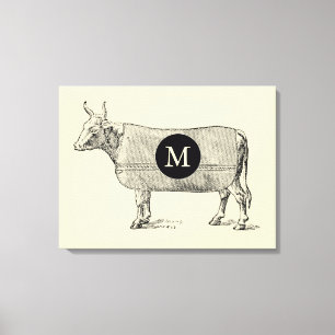 VINTAGE ILLUSTRATION Cow Monogram Canvas Print
