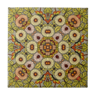Vintage Illustration Flowers Butterflies Pattern Tile