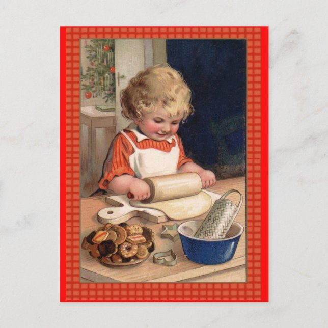 Vintage Illustration Girl Baking Christmas Cookies Holiday Postcard (Front)