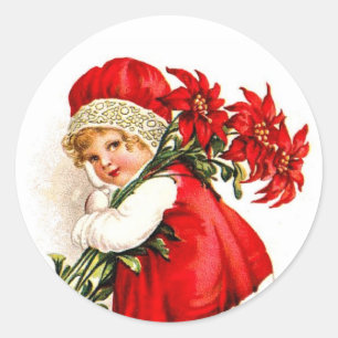 Vintage Illustration Girl Carrying Poinsettias Classic Round Sticker