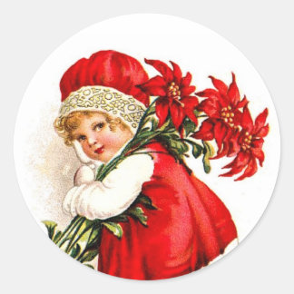 Vintage Illustration Girl Carrying Poinsettias Classic Round Sticker