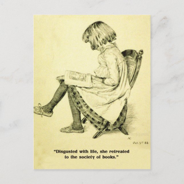 Vintage illustration girl reading book fun caption postcard (Front)