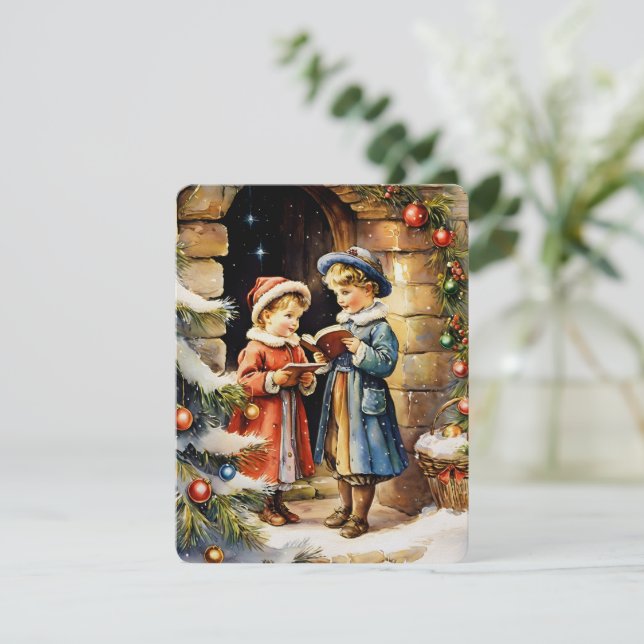 vintage illustration kid singing christmas songs holiday card (Standing Front)