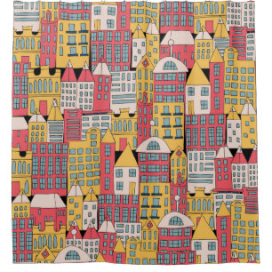 vintage illustration of a city building in the for shower curtain