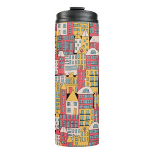 vintage illustration of a city building in the for thermal tumbler