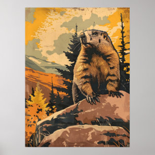 Vintage Illustration of a Groundhog Poster