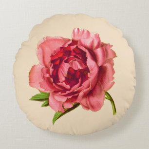 Vintage Illustration of a Large Coral Pink Peony Round Cushion
