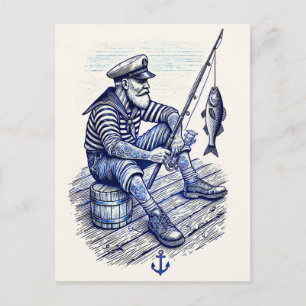 Vintage Illustration of a Nostalgic Sailor Fishing Postcard