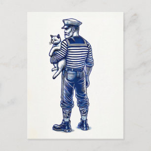 Vintage Illustration of a Sailor Holding a Cat Postcard