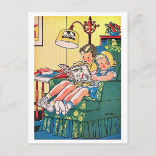 Vintage Illustration of Children Reading Postcard