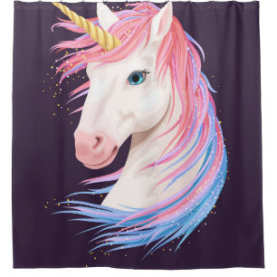 vintage illustration of cute unicorn with gold hor shower curtain