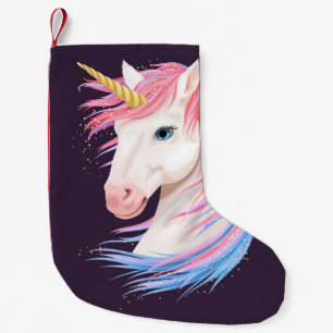 vintage illustration of cute unicorn with gold hor small christmas stocking