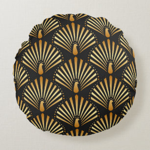vintage illustration of golden peacock in black ba round cushion