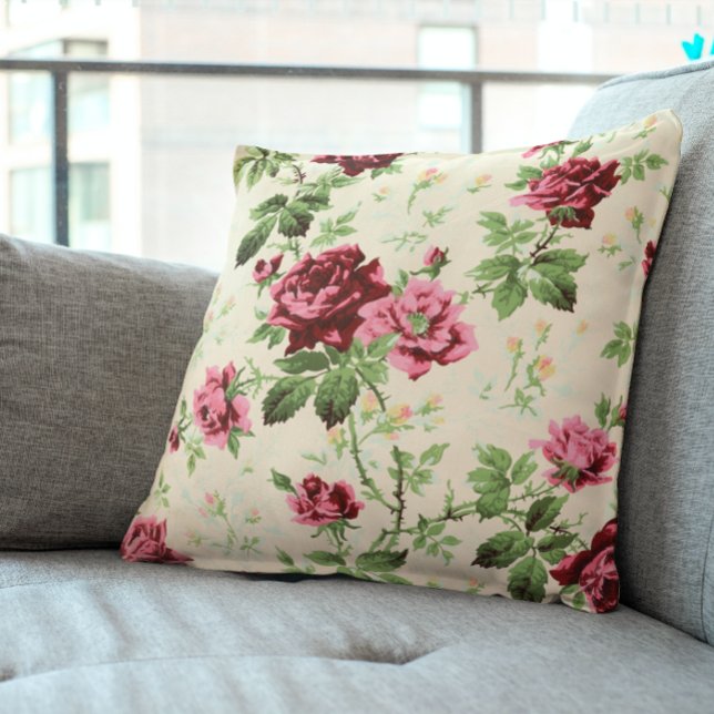 Vintage illustration of roses on neutral base cushion (Creator Uploaded)