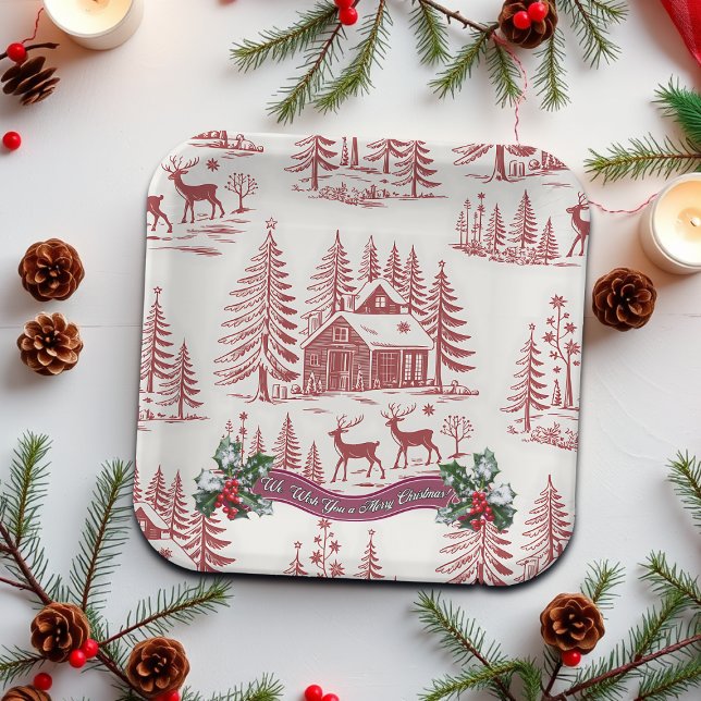 Vintage Illustration Reindeer and Houses Christmas Paper Plate (Creator Uploaded)