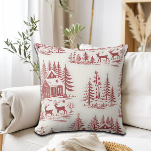 Vintage Illustration Reindeer and Houses Winter Cushion