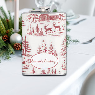 Vintage Illustration Reindeer and Houses Winter Hip Flask