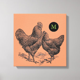 VINTAGE Illustration Rooster Hen Monogram Canvas
