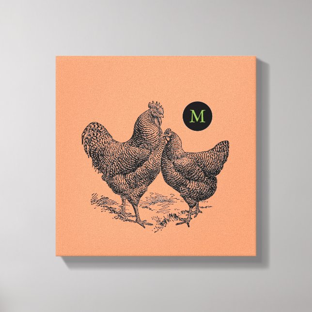 VINTAGE Illustration Rooster Hen Monogram Canvas Print (Front)