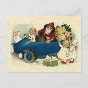 Vintage Illustration Santa, Antique Car, Children Holiday Postcard