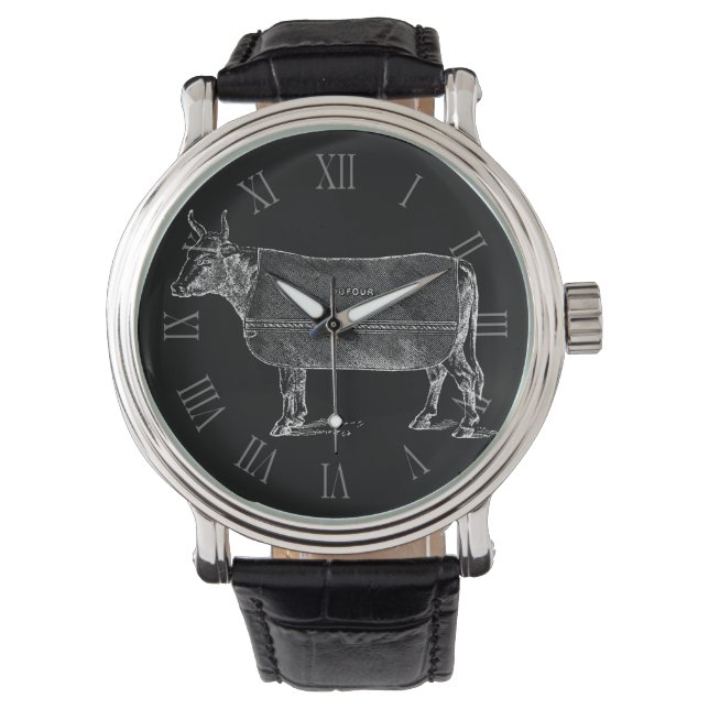 VINTAGE ILLUSTRATION W Cow blanket Roman Numerals Watch (Front)