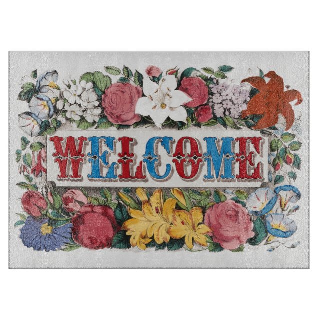 Vintage Illustration WELCOME with Flowers Cutting Board (Front)