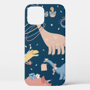 Vintage illustration with dino's birthday party. S iPhone 12 Case