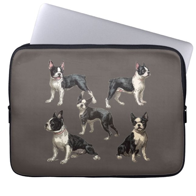Vintage Illustrations of Boston Terriers on Taupe Laptop Sleeve (Front)